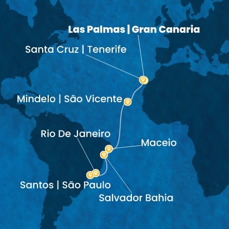 COSTA DIADEMA - itinerár  13 nocí odchod z LAS PALMAS dňa 10/11/2026 - Canary Islands, Cape Verde, Brazil