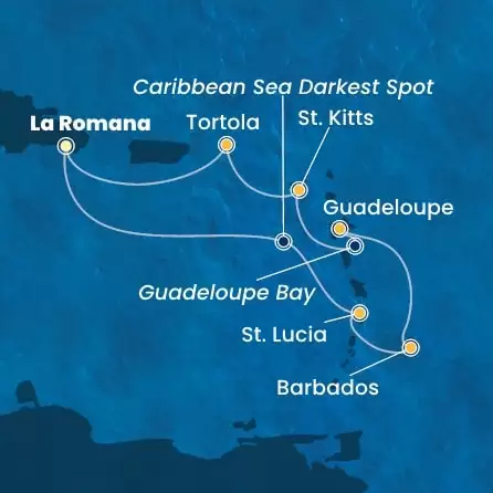 COSTA PACIFICA - itinerár  6 nocí odchod z LA ROMANA dňa 15/02/2026 - Dominican Republic, Antilles, Virgin Islands
