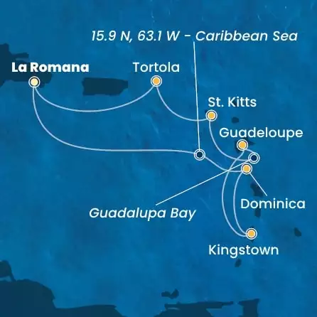 COSTA PACIFICA - itinerár  6 nocí odchod z LA ROMANA dňa 01/03/2026 - Dominican Republic, Dominica, Antilles, Virgin Islands