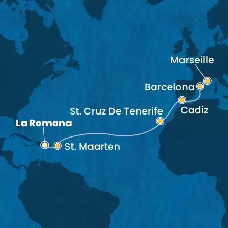 COSTA FASCINOSA - itinerár  13 nocí odchod z LA ROMANA dňa 23/03/2025 - Dominican Republic, Antilles, Canary Islands, Spain, France