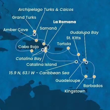 COSTA PACIFICA - itinerár  13 nocí odchod z LA ROMANA dňa 11/01/2026 - Dominican Republic, Turks Islands, Antilles, Virgin Islands