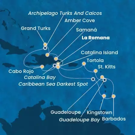 COSTA PACIFICA - itinerár  13 nocí odchod z LA ROMANA dňa 18/01/2026 - Dominican Republic, Antilles, Virgin Islands, Turks Islands