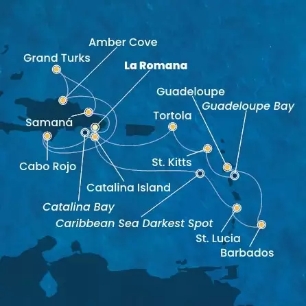 COSTA PACIFICA - itinerár  13 nocí odchod z LA ROMANA dňa 28/12/2025 - Dominican Republic, Turks Islands, Antilles, Virgin Islands