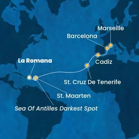 COSTA PACIFICA - itinerár  13 nocí odchod z LA ROMANA dňa 15/03/2026 - Dominican Republic, Antilles, Canary Islands, Spain, France
