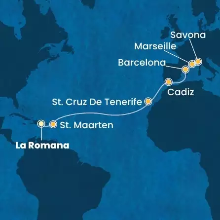 COSTA FASCINOSA - itinerár  14 nocí odchod z LA ROMANA dňa 23/03/2025 - Dominican Republic, Antilles, Canary Islands, Spain, France, Italy