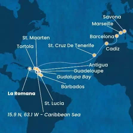 COSTA FASCINOSA - itinerár  21 nocí odchod z LA ROMANA dňa 16/03/2025 - Dominican Republic, Antilles, Virgin Islands, Canary Islands, Spain, France, Italy