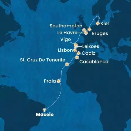 COSTA DIADEMA - itinerár  20 nocí odchod z MACEIO dňa 24/04/2026 - Brazil, Canary Islands, Morocco, Spain, Portugal, France, England, Belgium, Germany
