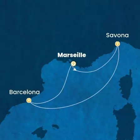 COSTA FAVOLOSA - itinerár  3 nocí odchod z MARSEILLES dňa 11/04/2027 - France, Italy, Spain
