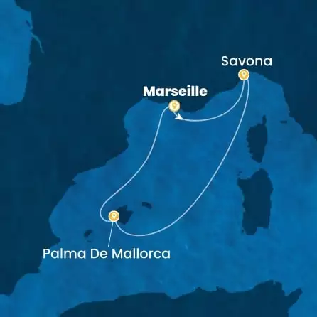 COSTA DIADEMA - itinerár  3 nocí odchod z MARSEILLES dňa 22/09/2026 - France, Italy, Balearic Islands