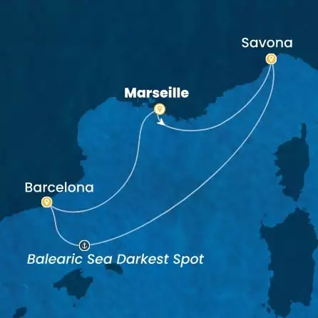 COSTA FAVOLOSA - itinerár  3 nocí odchod z MARSEILLES dňa 15/04/2027 - France, Italy, Spain