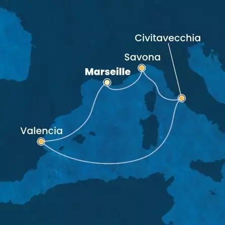 COSTA PACIFICA - itinerár  4 nocí odchod z MARSEILLES dňa 31/03/2026 - France, Spain, Italy