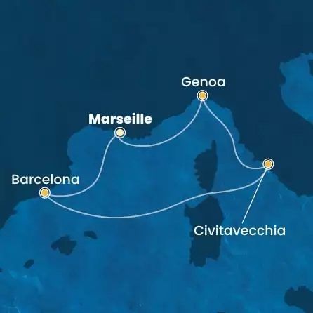 COSTA TOSCANA - itinerár  4 nocí odchod z MARSEILLES dňa 02/03/2026 - France, Spain, Italy