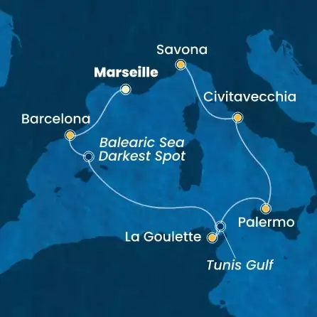 COSTA SMERALDA - itinerár  5 nocí odchod z MARSEILLES dňa 01/03/2026 - France, Spain, Tunisia, Italy