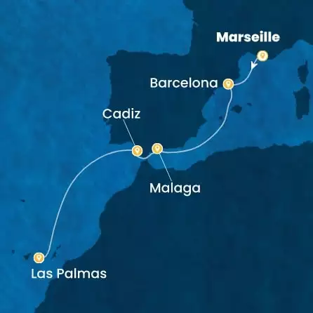 COSTA SMERALDA - itinerár  5 nocí odchod z MARSEILLES dňa 13/11/2026 - France, Spain, Canary Islands
