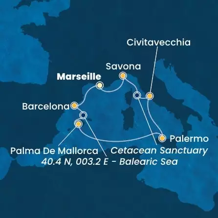 COSTA TOSCANA - itinerár  6 nocí odchod z MARSEILLES dňa 23/03/2025 - France, Spain, Balearic Islands, Italy