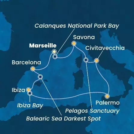COSTA TOSCANA - itinerár  6 nocí odchod z MARSEILLES dňa 16/06/2025 - France, Spain, Balearic Islands, Italy