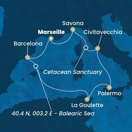 COSTA SMERALDA - itinerár  6 nocí odchod z MARSEILLES dňa 28/12/2025 - France, Spain, Italy