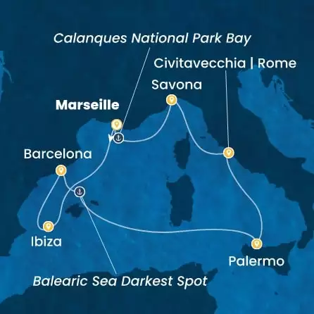 COSTA SMERALDA - itinerár  6 nocí odchod z MARSEILLES dňa 14/06/2026 - France, Balearic Islands, Spain, Italy