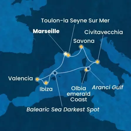 COSTA PACIFICA - itinerár  6 nocí odchod z MARSEILLES dňa 29/06/2026 - France, Balearic Islands, Spain, Italy
