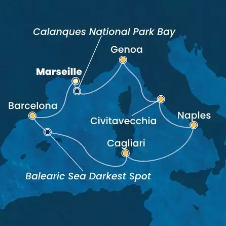 COSTA TOSCANA - itinerár  6 nocí odchod z MARSEILLES dňa 15/08/2026 - France, Spain, Italy