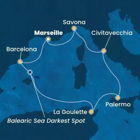 COSTA PACIFICA - itinerár  6 nocí odchod z MARSEILLES dňa 05/10/2026 - France, Spain, Tunisia, Italy