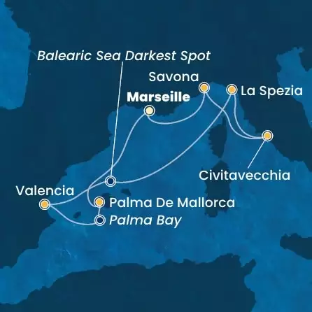 COSTA PACIFICA - itinerár  6 nocí odchod z MARSEILLES dňa 20/04/2026 - France, Balearic Islands, Spain, Italy