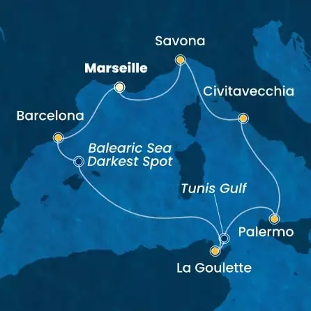 COSTA SMERALDA - itinerár  6 nocí odchod z MARSEILLES dňa 01/03/2026 - France, Spain, Tunisia, Italy
