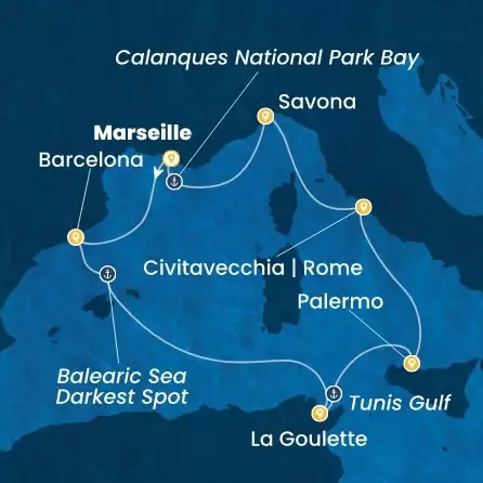 COSTA SMERALDA - itinerár  6 nocí odchod z MARSEILLES dňa 10/05/2026 - France, Spain, Tunisia, Italy