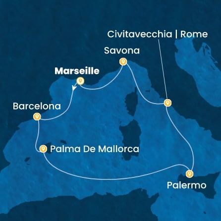 COSTA TOSCANA - itinerár  6 nocí odchod z MARSEILLES dňa 13/12/2026 - France, Spain, Balearic Islands, Italy