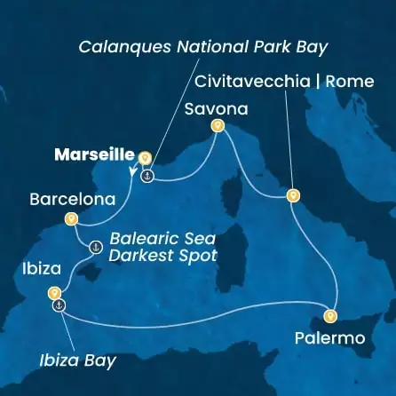COSTA SMERALDA - itinerár  6 nocí odchod z MARSEILLES dňa 23/08/2026 - France, Spain, Balearic Islands, Italy