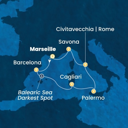 COSTA SMERALDA - itinerár  6 nocí odchod z MARSEILLES dňa 25/10/2026 - France, Spain, Italy
