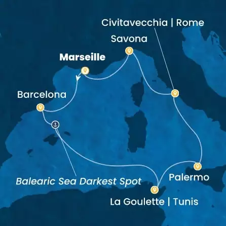 COSTA PACIFICA - itinerár  6 nocí odchod z MARSEILLES dňa 19/10/2026 - France, Spain, Tunisia, Italy