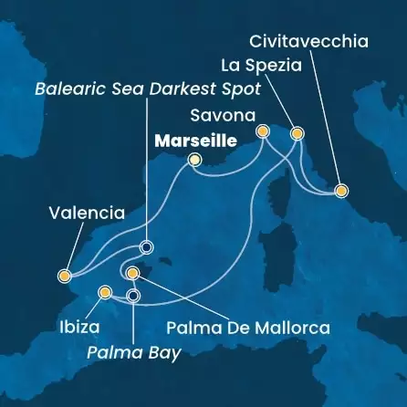 COSTA PACIFICA - itinerár  7 nocí odchod z MARSEILLES dňa 05/04/2026 - France, Spain, Balearic Islands, Italy
