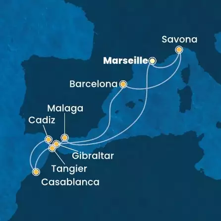 COSTA FAVOLOSA - itinerár  9 nocí odchod z MARSEILLES dňa 14/04/2026 - France, Spain, Gibraltar, Morocco, Italy