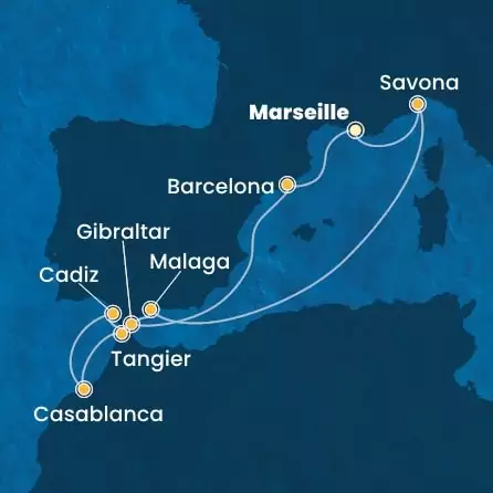 COSTA FORTUNA - itinerár  10 nocí odchod z MARSEILLES dňa 18/04/2025 - France, Italy, Spain, Morocco, Gibraltar