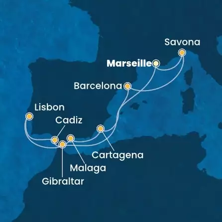 COSTA FAVOLOSA - itinerár  10 nocí odchod z MARSEILLES dňa 24/04/2026 - France, Spain, Gibraltar, Portugal, Italy