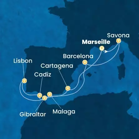 COSTA DIADEMA - itinerár  10 nocí odchod z MARSEILLES dňa 17/10/2026 - France, Italy, Spain, Portugal, Gibraltar