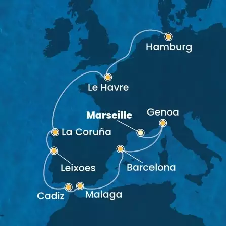 COSTA FAVOLOSA - itinerár  11 nocí odchod z MARSEILLES dňa 03/05/2025 - France, Italy, Spain, Portugal, Germany
