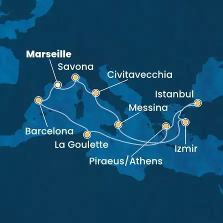 COSTA FORTUNA - itinerár  13 nocí odchod z MARSEILLES dňa 17/04/2026 - France, Italy, Turkey, Greece, Spain