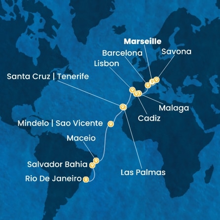 COSTA DIADEMA - itinerár  21 nocí odchod z MARSEILLES dňa 01/11/2026 - France, Italy, Spain, Portugal, Canary Islands, Cape Verde, Brazil