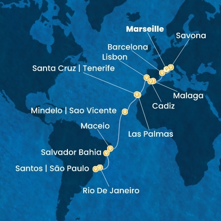 COSTA DIADEMA - itinerár  22 nocí odchod z MARSEILLES dňa 01/11/2026 - France, Italy, Spain, Portugal, Canary Islands, Cape Verde, Brazil