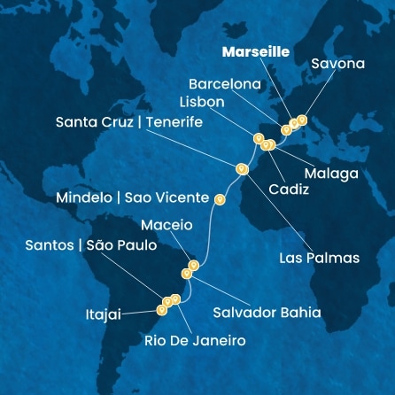 COSTA DIADEMA - itinerár  24 nocí odchod z MARSEILLES dňa 01/11/2026 - France, Italy, Spain, Portugal, Canary Islands, Cape Verde, Brazil