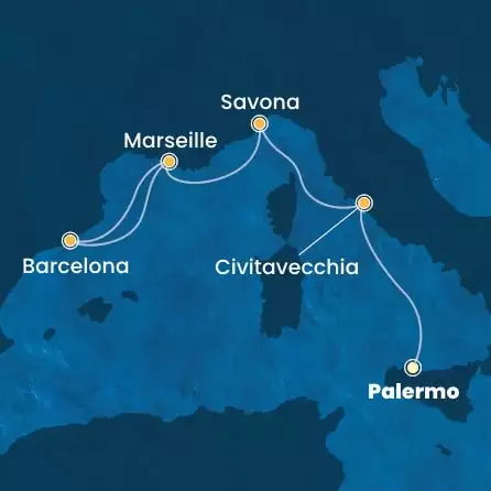 COSTA TOSCANA - itinerár  4 nocí odchod z PALERMO dňa 23/01/2026 - Italy, France, Spain