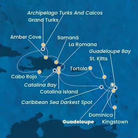 COSTA PACIFICA - itinerár  13 nocí odchod z GUADELOUPE dňa 19/02/2026 - Antilles, Virgin Islands, Dominican Republic, Turks Islands, Dominica