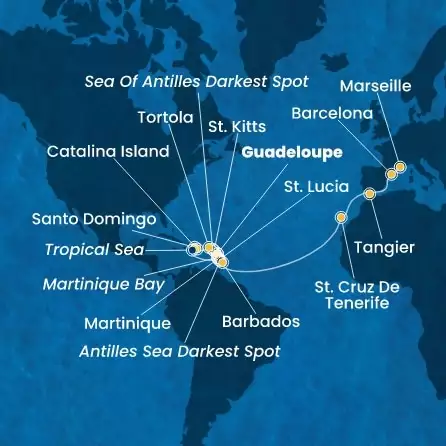 COSTA FASCINOSA - itinerár  20 nocí odchod z GUADELOUPE dňa 06/03/2026 - Antilles, Virgin Islands, Dominican Republic, Canary Islands, Morocco, Spain, France