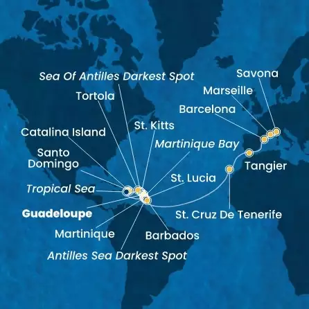 COSTA FASCINOSA - itinerár  21 nocí odchod z GUADELOUPE dňa 06/03/2026 - Antilles, Virgin Islands, Dominican Republic, Canary Islands, Morocco, Spain, France, Italy