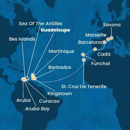 COSTA FORTUNA - itinerár  22 nocí odchod z GUADELOUPE dňa 07/03/2025 - Antilles, Canary Islands, Madeira , Spain, France, Italy