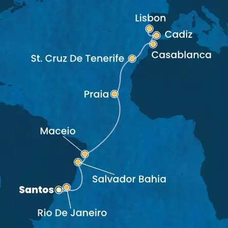 COSTA DIADEMA - itinerár  16 nocí odchod z SANTOS dňa 19/04/2026 - Brazil, Canary Islands, Morocco, Spain, Portugal