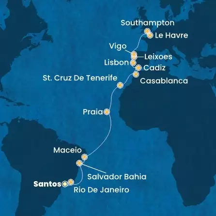 COSTA DIADEMA - itinerár  21 nocí odchod z SANTOS dňa 19/04/2026 - Brazil, Canary Islands, Morocco, Spain, Portugal, France, England