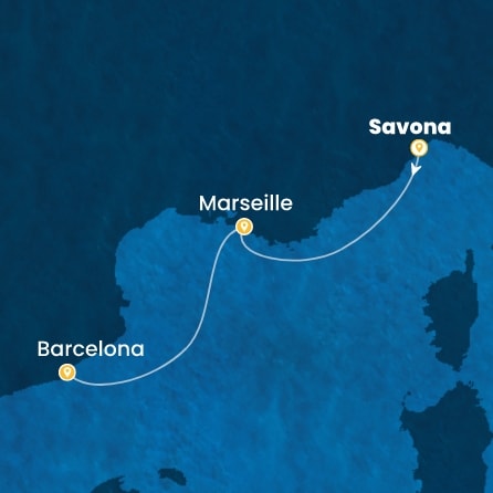 COSTA SMERALDA - itinerár  2 nocí odchod z SAVONA dňa 12/11/2026 - Italy, France, Spain